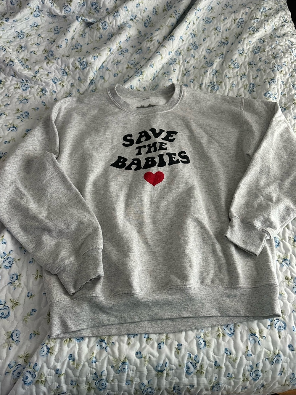 Gray "Save The Babies" Graphic Sweatshirt with Red Heart - Picture 2 of 3